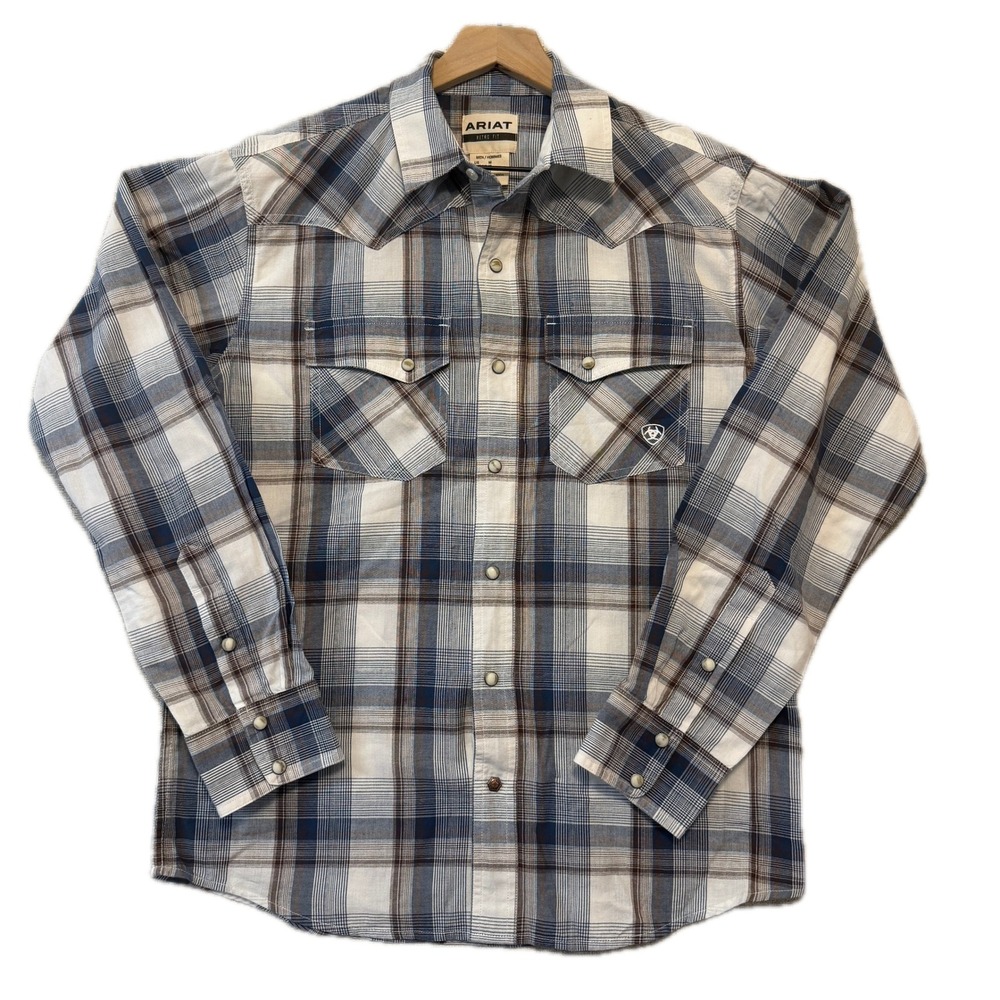 ARIAT Shirt Western Mens M Retro Fit Blue Plaid Pearl Snap Long Sleeve